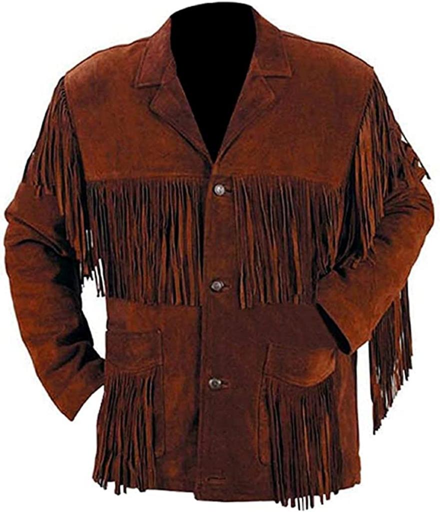 CoolHides Men's Suede Leather Western Cowboy Jacket With Fringe And Beaded