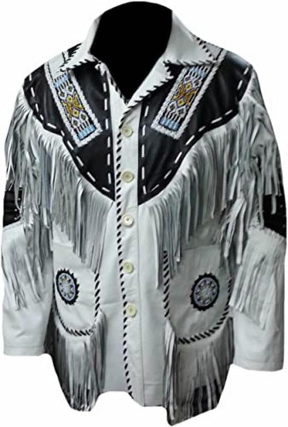 CoolHides Men's Cowboy Quality Leather Jacket, Fringed & Beaded