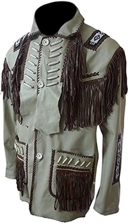 CoolHides Men's Western Fringed, Beaded & Boned Real Leather Coat