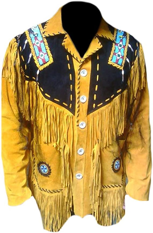 Cool Hides Men's Indian Yellow Beaded Fringed Jacket