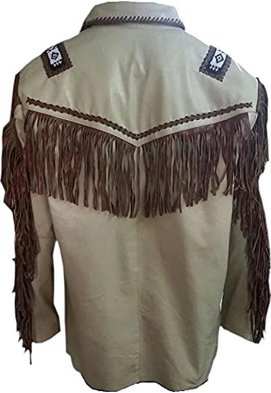 CoolHides Men's Western Fringed, Beaded & Boned Real Leather Coat