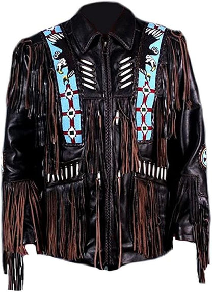 CoolHides Men's Cowboy Leather Jacket, Beaded, Bones & Fringes