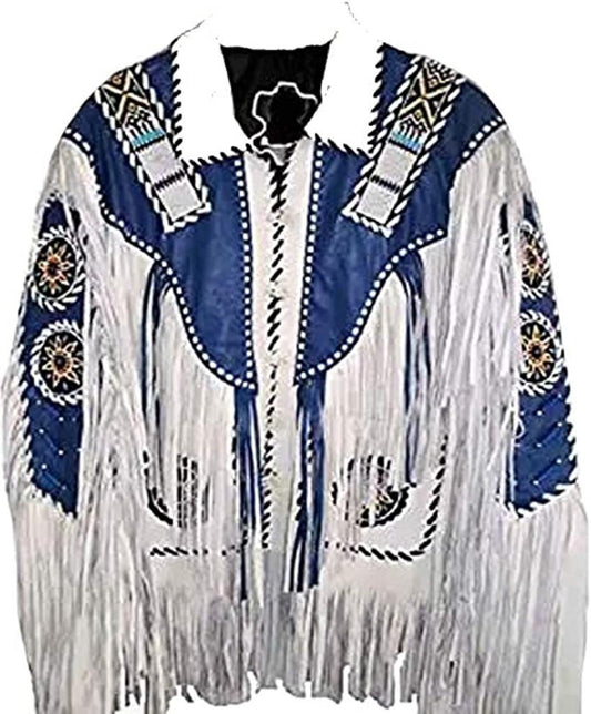 CoolHides Men's Western Real Leather Fringed & Beaded Coat