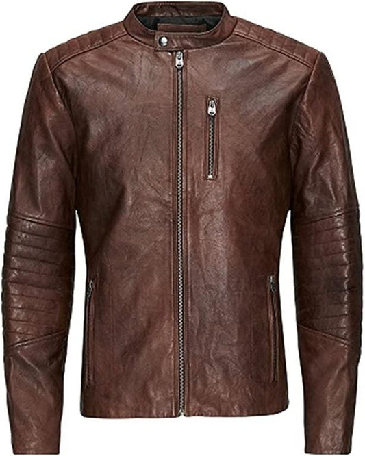 CoolHides Men's Fashion Real Leather Biker Double Shaded Brown Slimfit Jacket