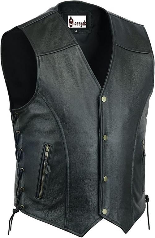 CoolHides Men's Fashion Leather Motorbike Waist Coat with Side Laces