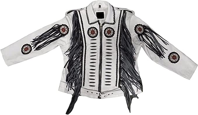 CoolHides Men's Western Real Leather Motorbike Fringed, Beaded & Boned Jacket