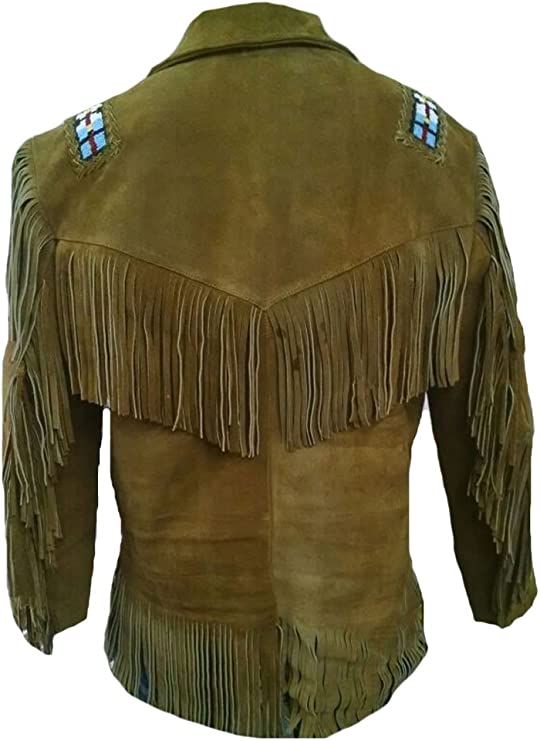 CoolHides Men's Western Cowboy Fringed and Beaded Brown Suede Shirt