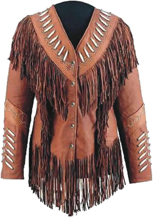 CoolHides Women's Western Real Leather Jacket With Beads and Fringes