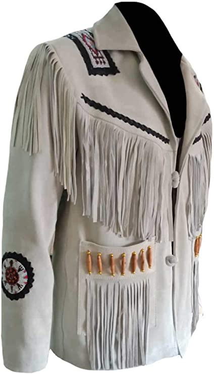 CoolHides Men's Western Fringed Suede Leather Jacket With Bones & Beads