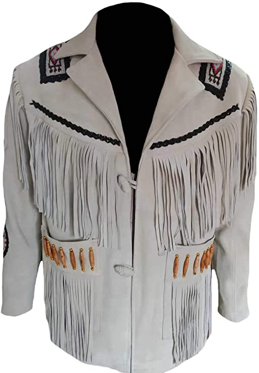 CoolHides Men's Western Fringed Suede Leather Jacket With Bones & Beads