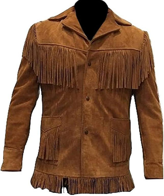 CoolHides Men's Western Fringed Goat Suede Leather Coat