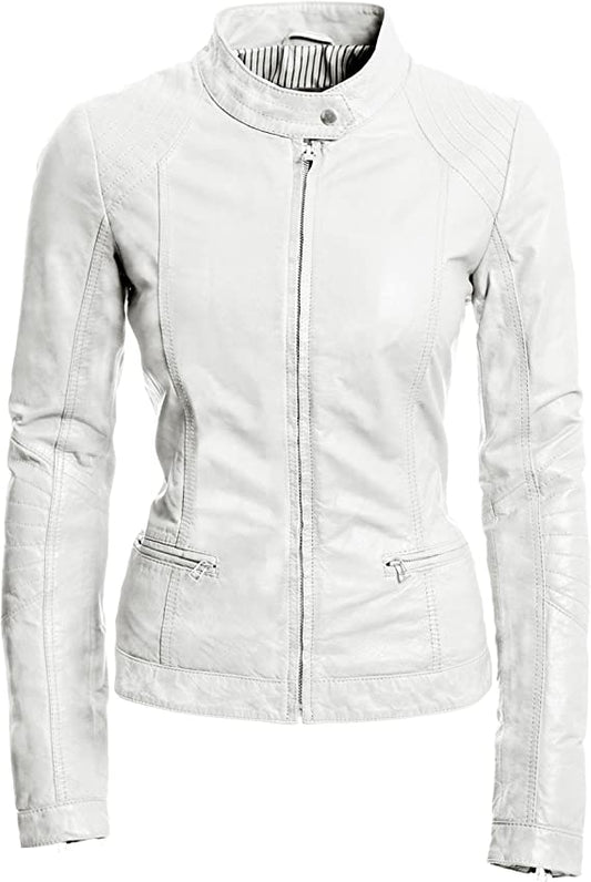 Cool Hides Women Fashion Genuine Leather Jacket - White Sky Xs - 4xl