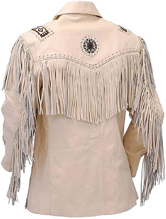 CoolHides Men's Fashion Western Genuine Cowboy Jacket Native American Wears Fringed & Beaded Jacket Cow Leather Beige