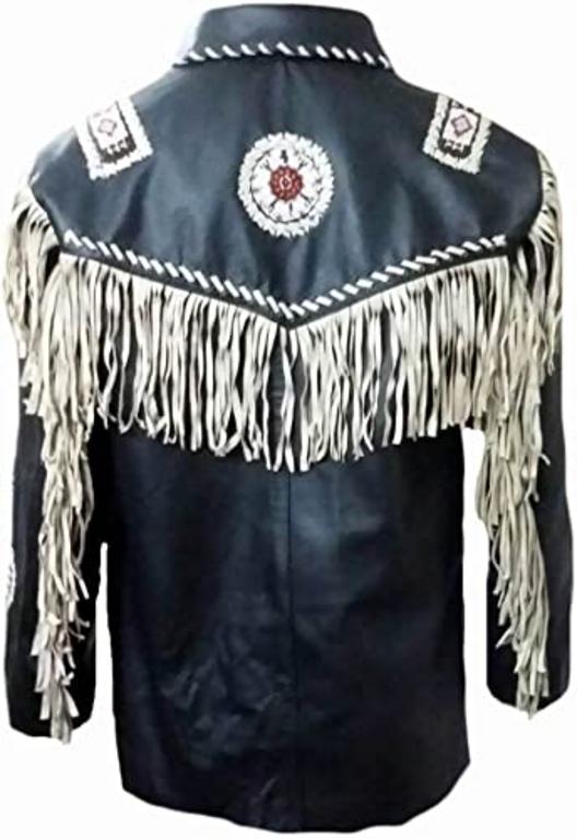 CoolHides Men's Western Cowboy Fringed & Boned Real Leather Jacket