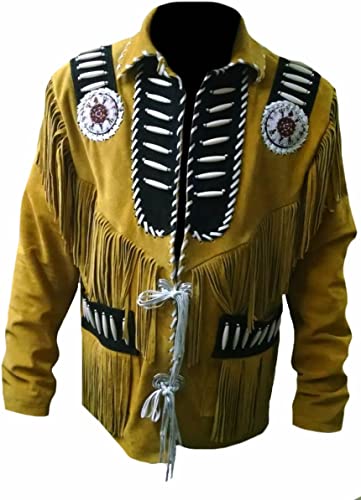 CoolHides Men's Western Fringed, Beaded & Boned Leather Jacket