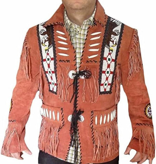 CoolHides Men's Western Suede Leather Fringed, Boned & Beaned Jacket