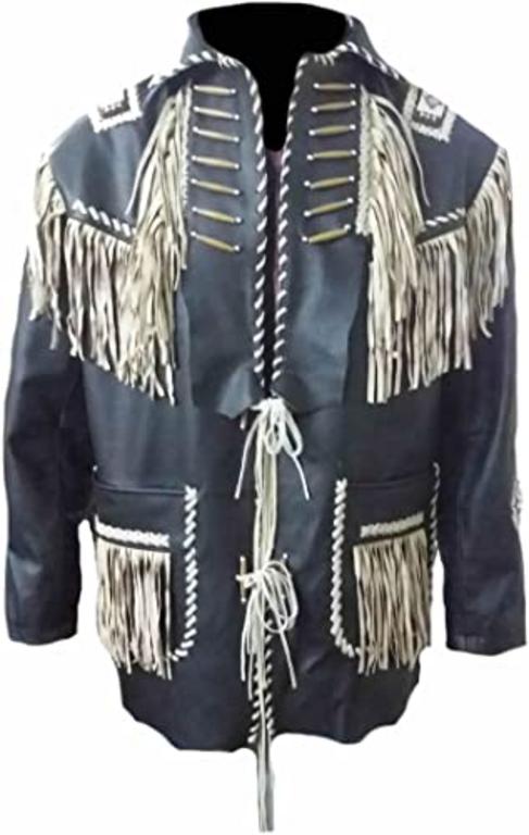 CoolHides Men's Western Cowboy Fringed & Boned Real Leather Jacket