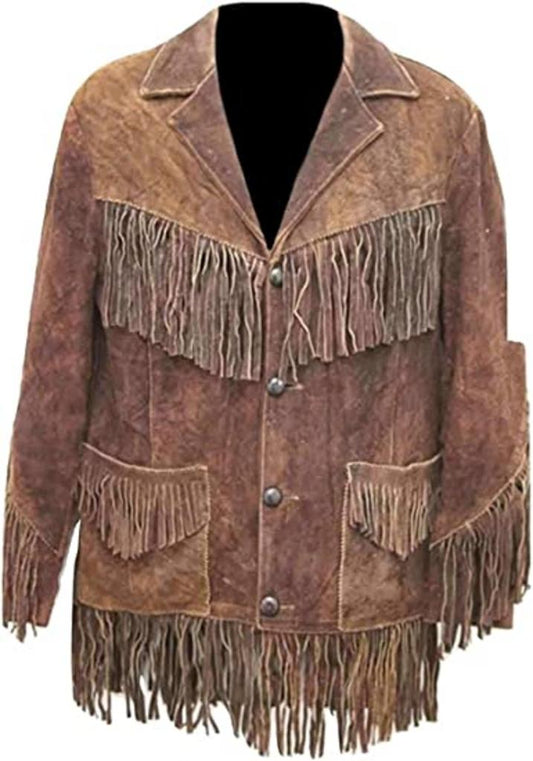 CoolHides Men's Western Suede Leather Fringed Coat