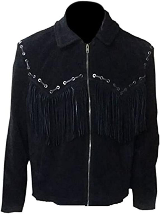 CoolHides Men's Western Suede Leather Fringed Jacket