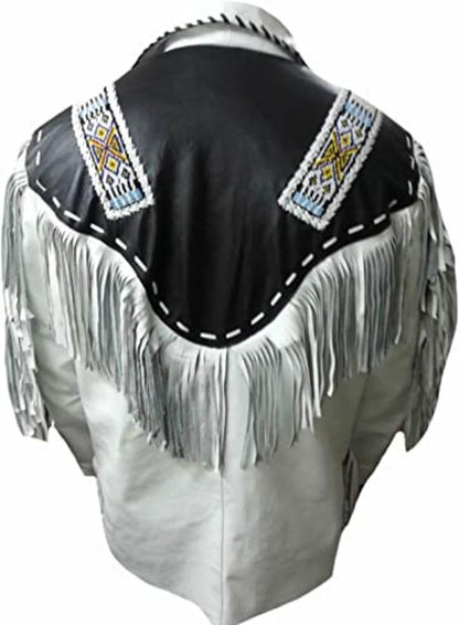 CoolHides Men's Cowboy Quality Leather Jacket, Fringed & Beaded