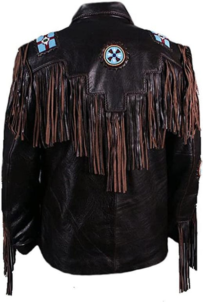 CoolHides Men's Cowboy Leather Jacket, Beaded, Bones & Fringes