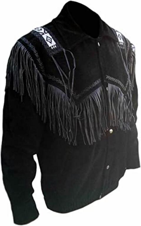 CoolHides Men's Western Cowboy Coat with Fringes and Beads