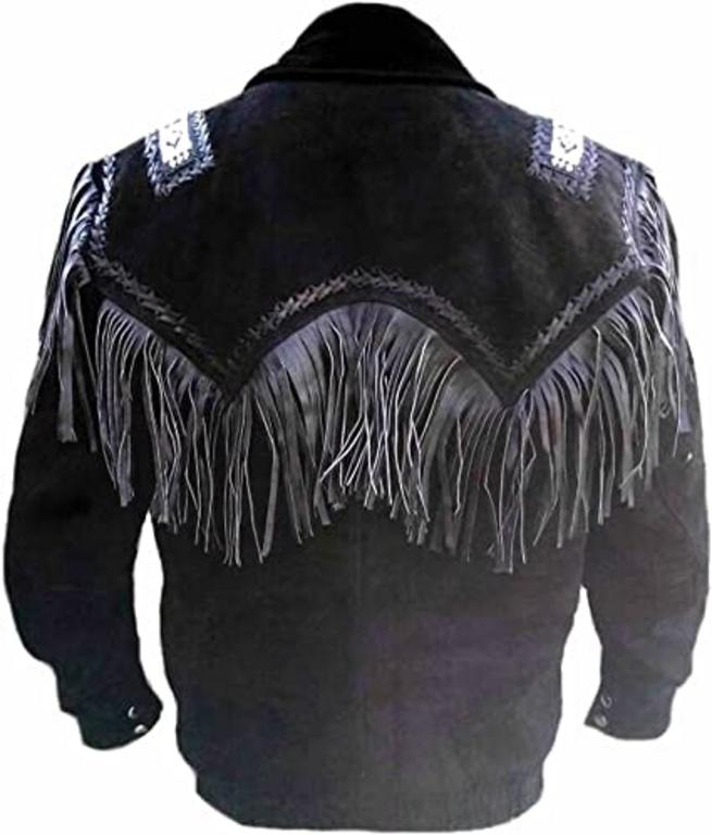 CoolHides Men's Western Cowboy Coat with Fringes and Beads