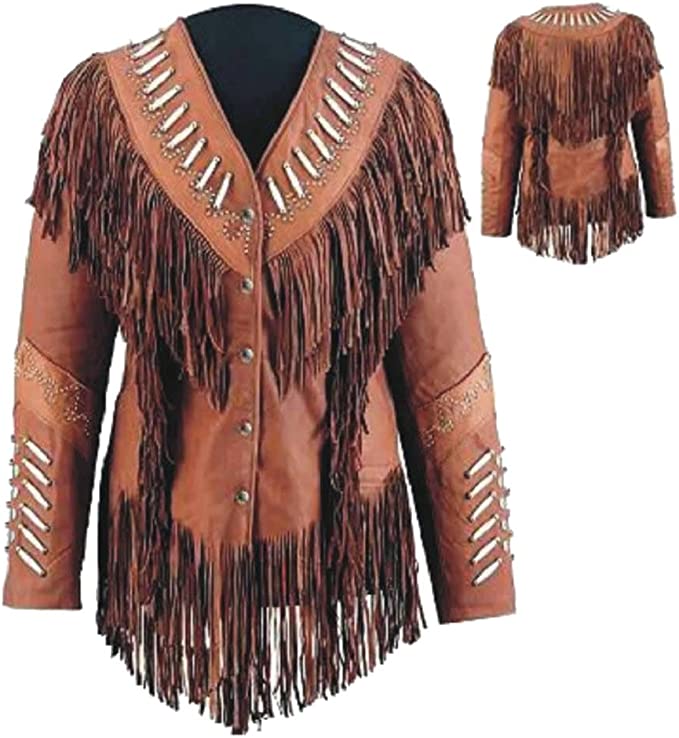 CoolHides Women's Western Real Leather Jacket With Beads and Fringes