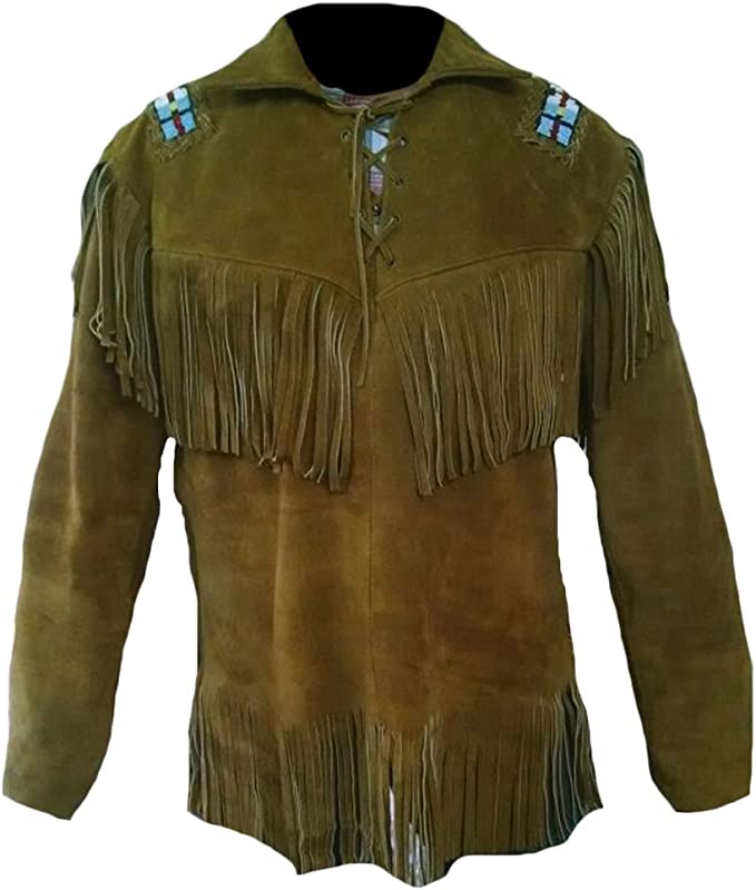 CoolHides Men's Western Cowboy Fringed and Beaded Brown Suede Shirt