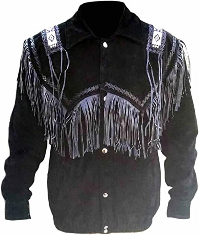 CoolHides Men's Western Cowboy Coat with Fringes and Beads