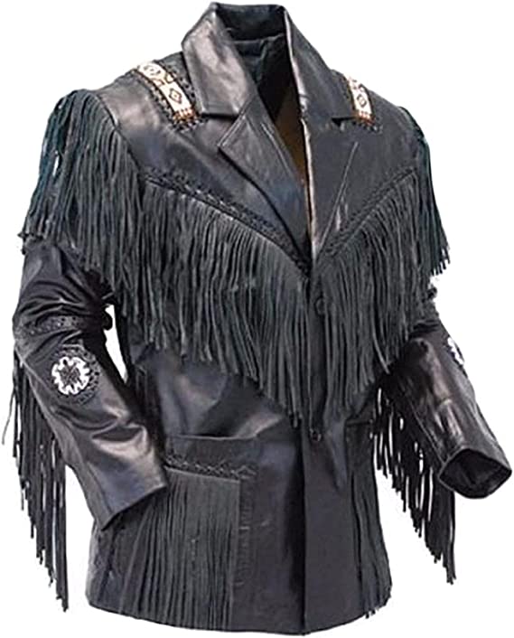 CoolHides Men's Fashion Western Genuine Cowboy Jacket Native American Wears Fringed & Beaded Jacket Cow Leather Beige