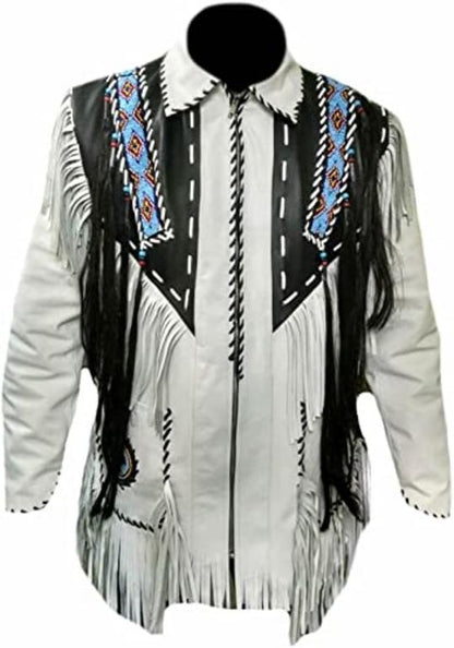 CoolHides Men's Cowboy Fringed & Beaded Real Leather Jacket