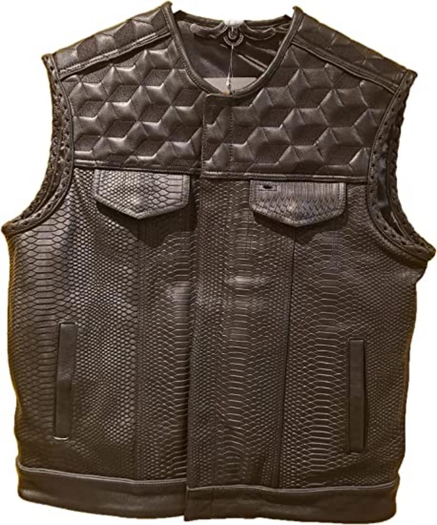 CoolHides Men's Crocodile print cowhide leather biker vest black