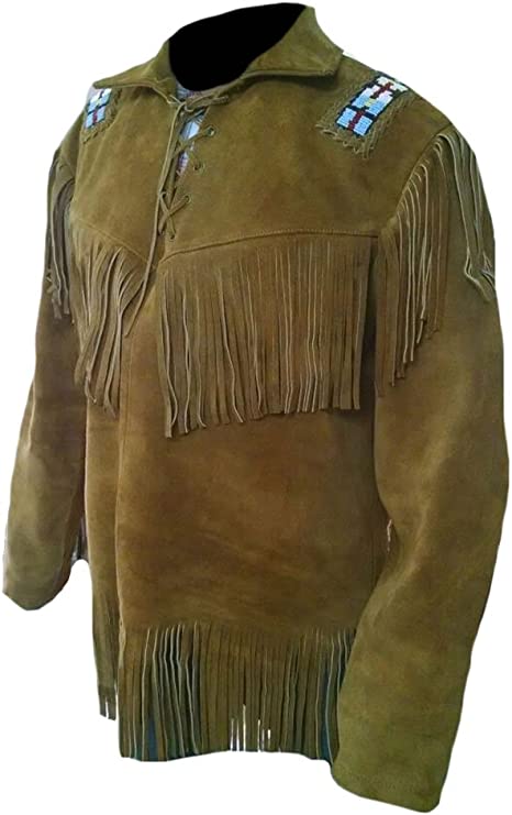 CoolHides Men's Western Cowboy Fringed and Beaded Brown Suede Shirt