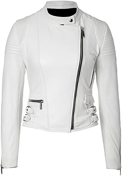 CoolHides Women Fashion Genuine Leather Jacket White Sine Pulp Grain Sheepskin