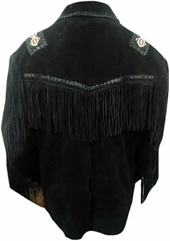 CoolHides Men's Western Cowboy Fringed Suede Leather Beaded Jacket