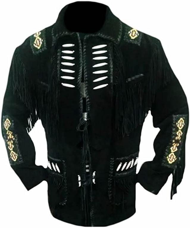 CoolHides Men's Western Cowboy Fringed Suede Leather Beaded Jacket