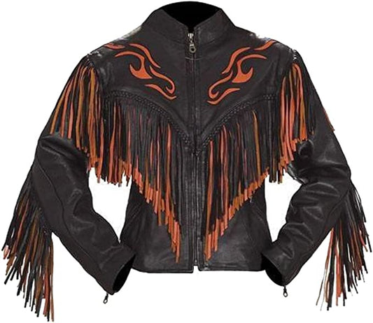 CoolHides Women's Western Fringed Genuine Leather Moto Jacket