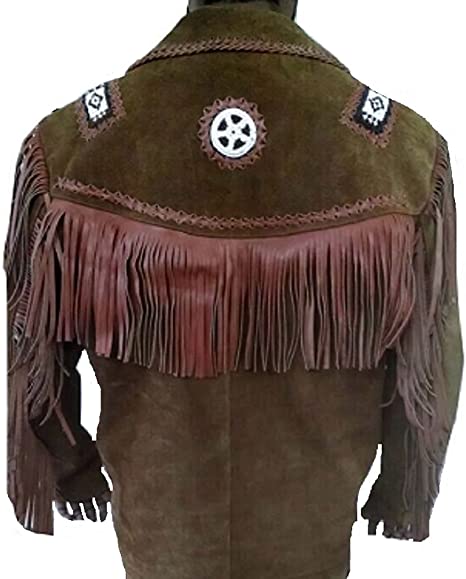 CoolHides Men's Western Cowboy Suede Leather Coat with Fringed & Beads