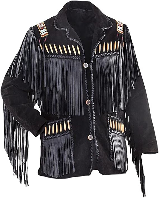 CoolHides Men's Western Cowboy Fringed Jacket