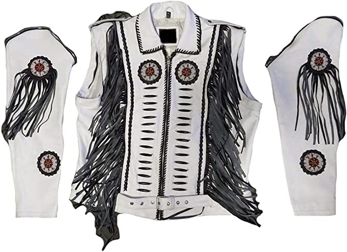 CoolHides Men's Western Real Leather Motorbike Fringed, Beaded & Boned Jacket