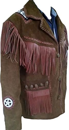 CoolHides Men's Western Cowboy Suede Leather Coat with Fringed & Beads