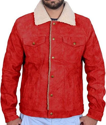 CoolHides Men's Fashion Furr Collar Buttoned Leather Coat