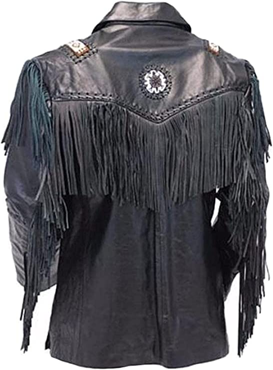 CoolHides Men's Fashion Western Genuine Cowboy Jacket Native American Wears Fringed & Beaded Jacket Cow Leather Beige