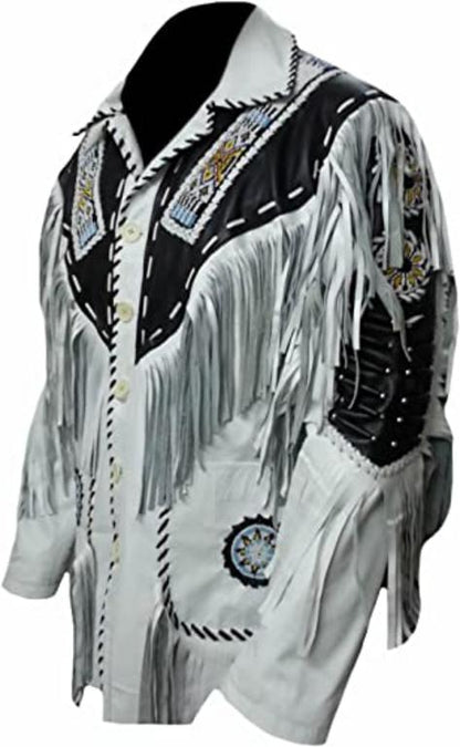 CoolHides Men's Cowboy Quality Leather Jacket, Fringed & Beaded