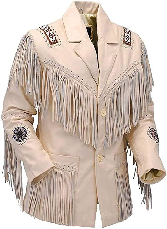 CoolHides Men's Fashion Western Genuine Cowboy Jacket Native American Wears Fringed & Beaded Jacket Cow Leather Beige